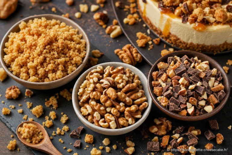 Toppings croquants : crumble, noix et éclats gourmands pour cheesecake